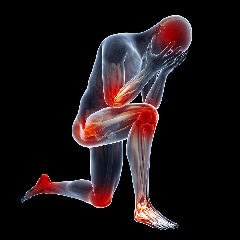 Anatomical illustration of a person kneeling in pain, showing highlighted areas of joint discomfort and inflammation.