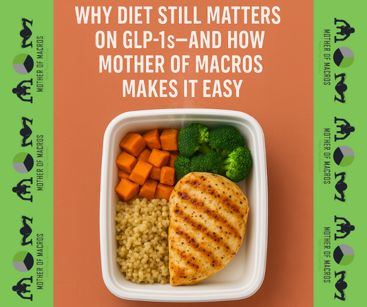 Healthy meal featuring grilled chicken, quinoa, broccoli, and sweet potatoes within 'Mother of Macros' theme.
