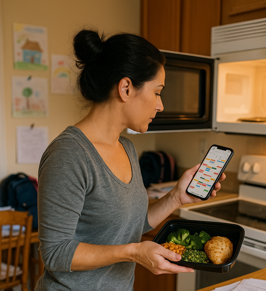 Woman checking meal plan on phone while holding a healthy meal in the kitchen.