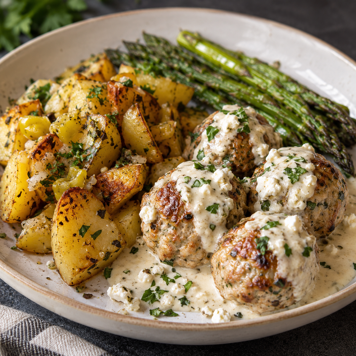 Mediterranean Meatballs w/Creamy Feta Sauce