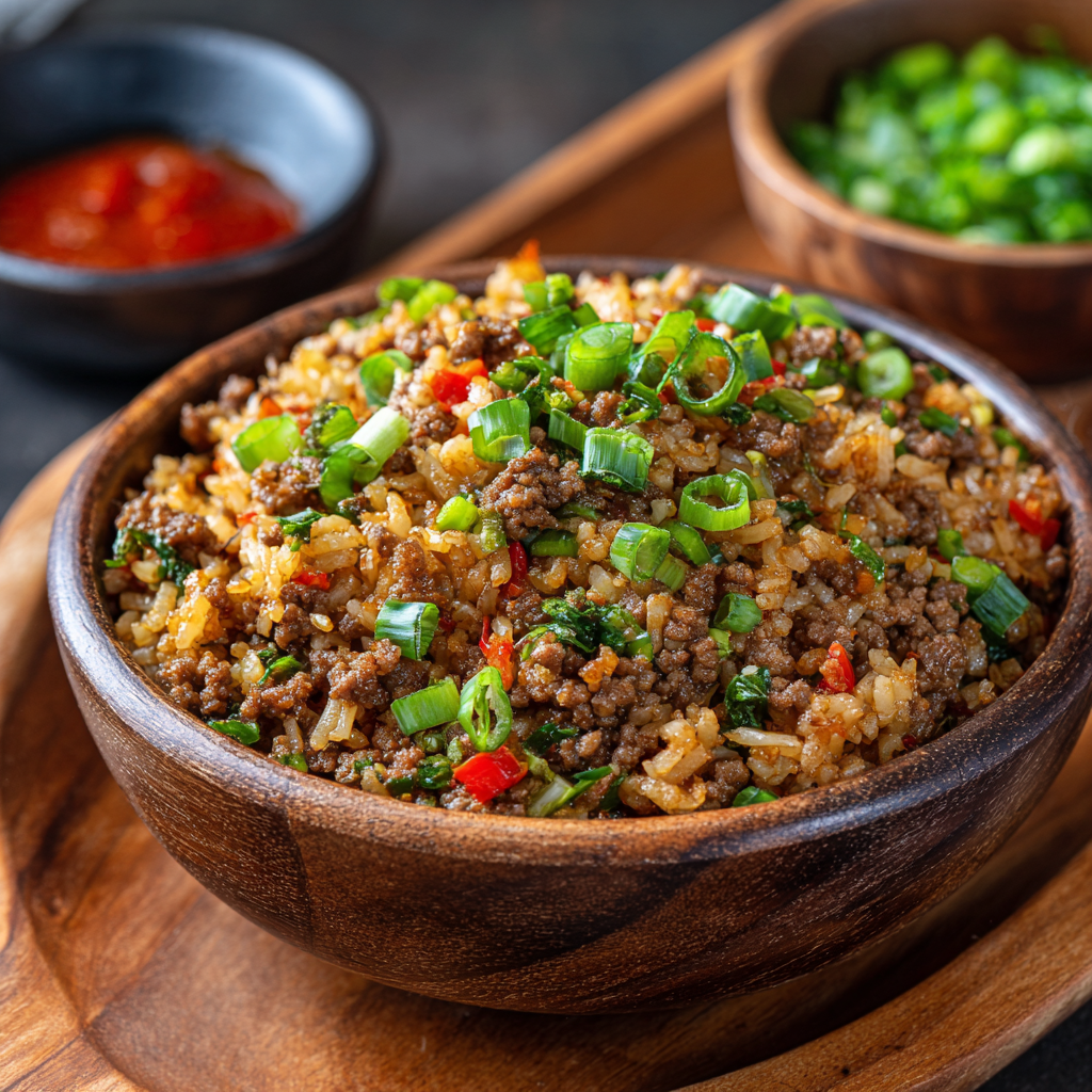Beef Fried Rice, Wooden bowl of fried rice with ground meat, green onions, and red peppers on a wooden board.