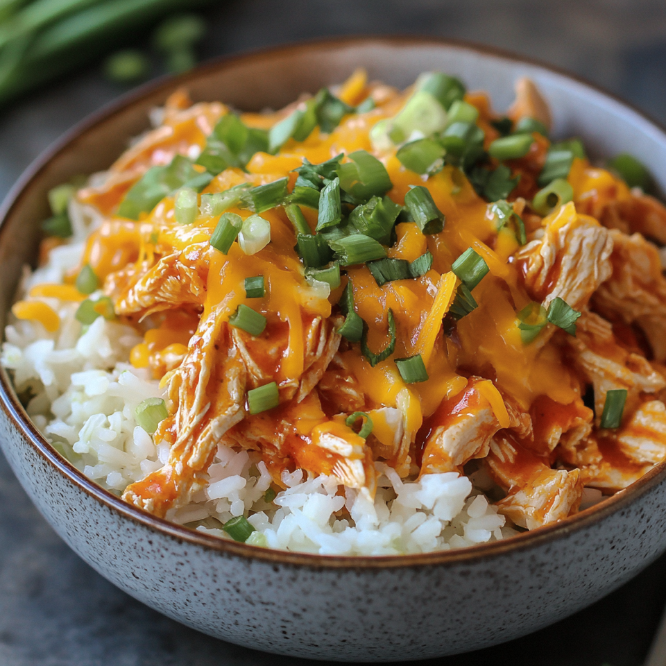Close-up of the Buffalo Chicken Enchilada Bowl from Mother of Macros featuring shredded buffalo chicken over white rice, topped with melted cheddar cheese and fresh chopped green onions in a rustic ceramic bowl.