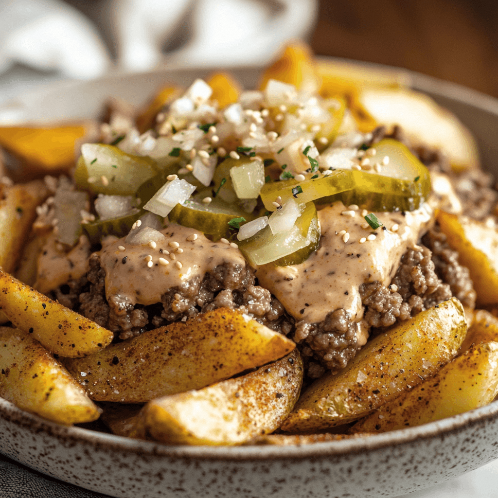 Close-up of the Mac Daddy Cheeseburger Bowl from Mother of Macros featuring seasoned ground beef topped with creamy burger sauce, diced onions, sliced pickles, sesame seeds, and roasted potato wedges in a rustic bowl.