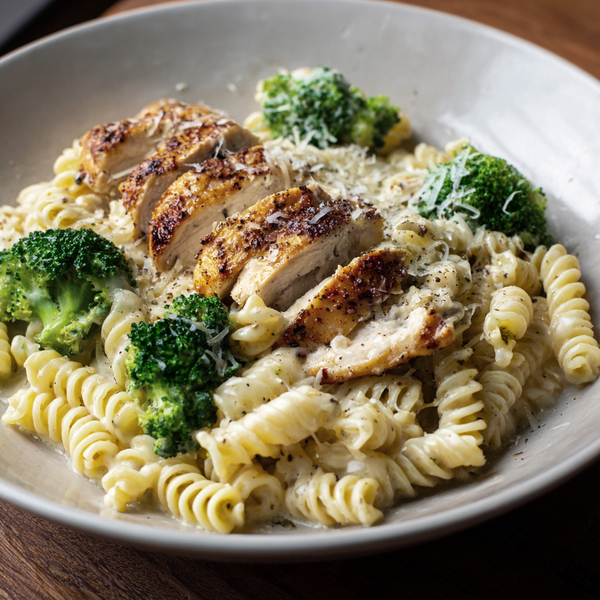 Skinny Garlic Chicken & Broccoli Alfredo