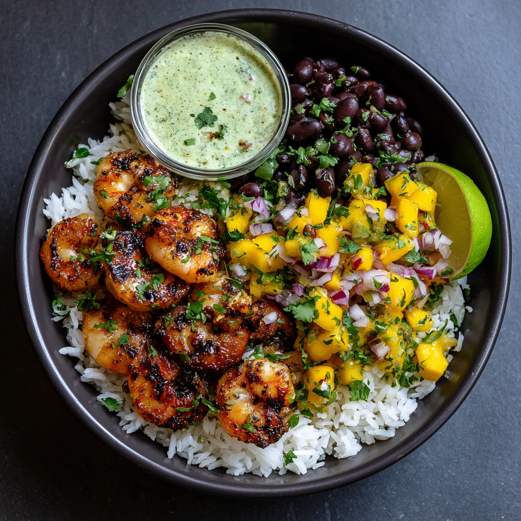 *Coastal Mango Shrimp Bowl meal prep - Mother of Macros