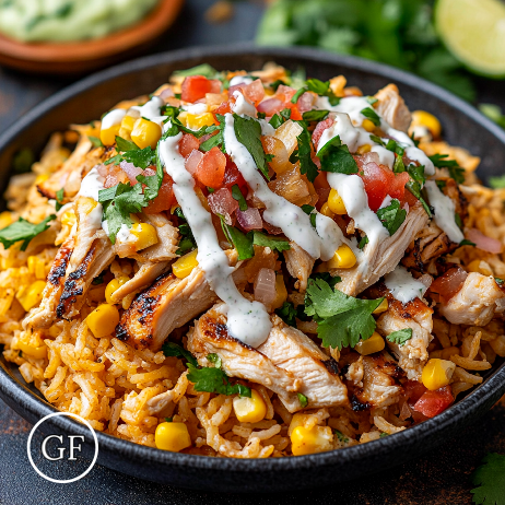 Arnolds Chicken Bicep Bowl with adobo chicken, cheddar cheese, corn, pico de gallo, and poblano lime sauce on rice.