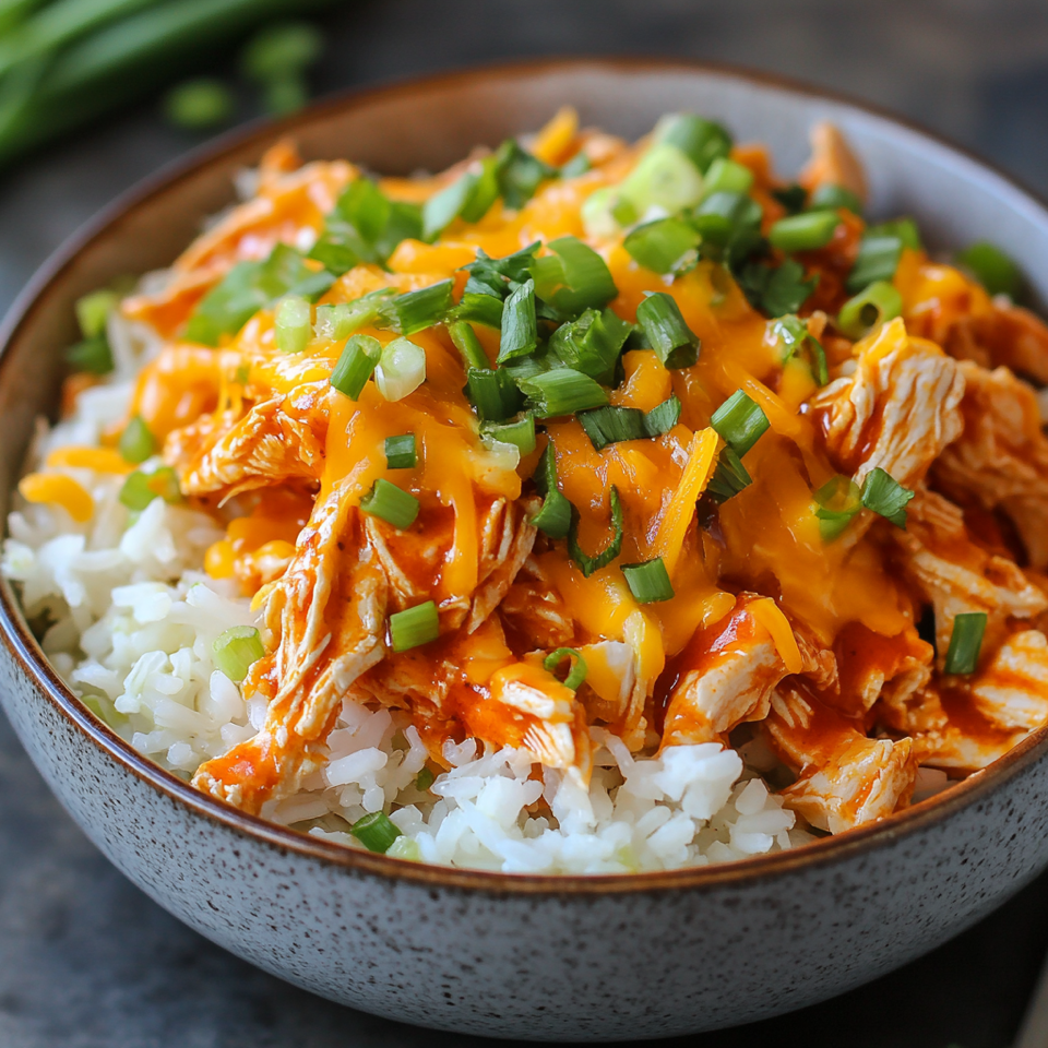 Close-up of the Buffalo Chicken Enchilada Bowl from Mother of Macros featuring shredded buffalo chicken over white rice, topped with melted cheddar cheese and fresh chopped green onions in a rustic ceramic bowl.