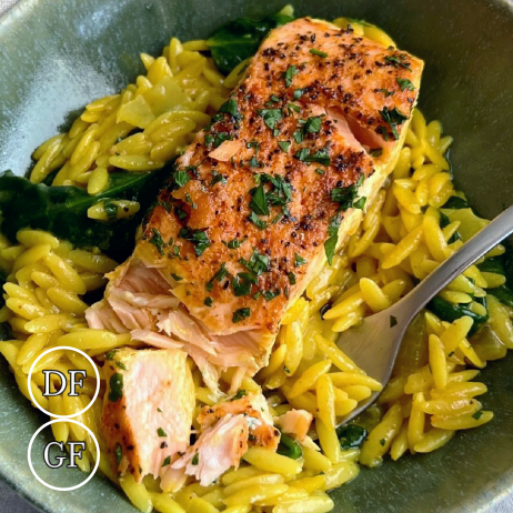 Creamy Coconut Pasta & Salmon meal prep - Mother of Macros