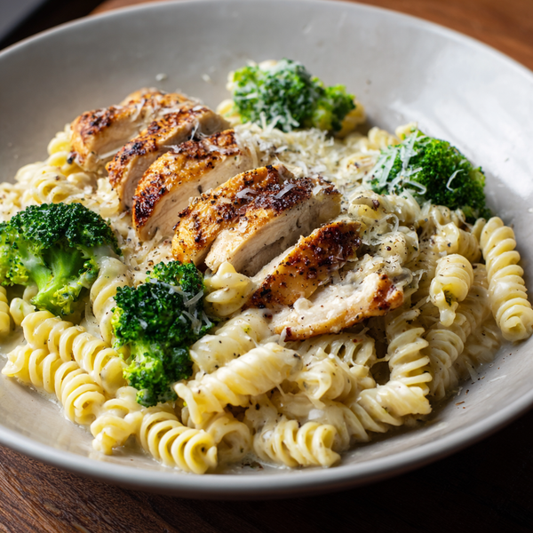 Skinny Garlic Chicken & Broccoli Alfredo