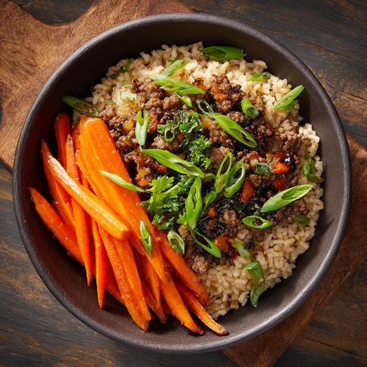 Sticky Orange Beef Brown Rice Bowl